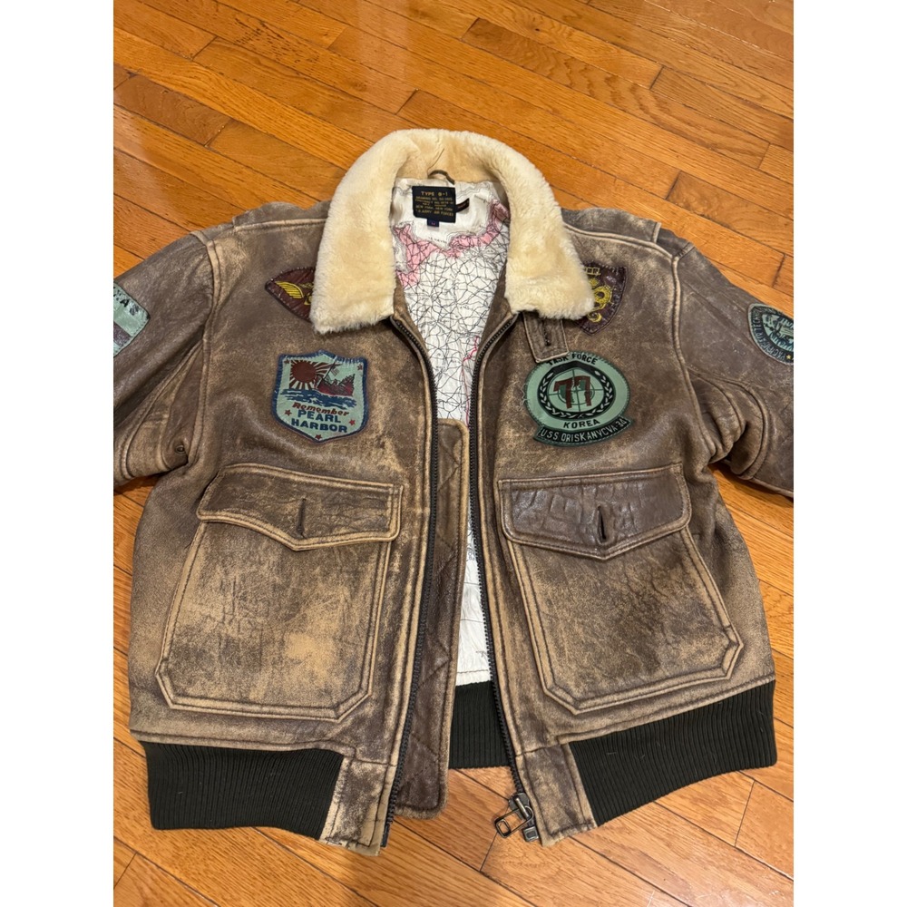 Vintage 1980s Avirex Type G-1 Leather Flight Jacket Brown Patches Men Medium